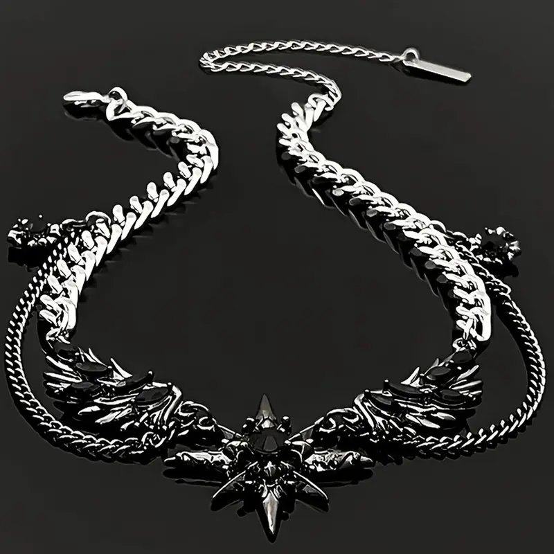 Hiphop Trendy Dark Style Starburst Wings Design Necklace, Punk Personalized Unisex Party Hiphop Necklace, Men Women Fashion Jewelry, Star Shine Necklace, Bling Chain, Alloy Necklace