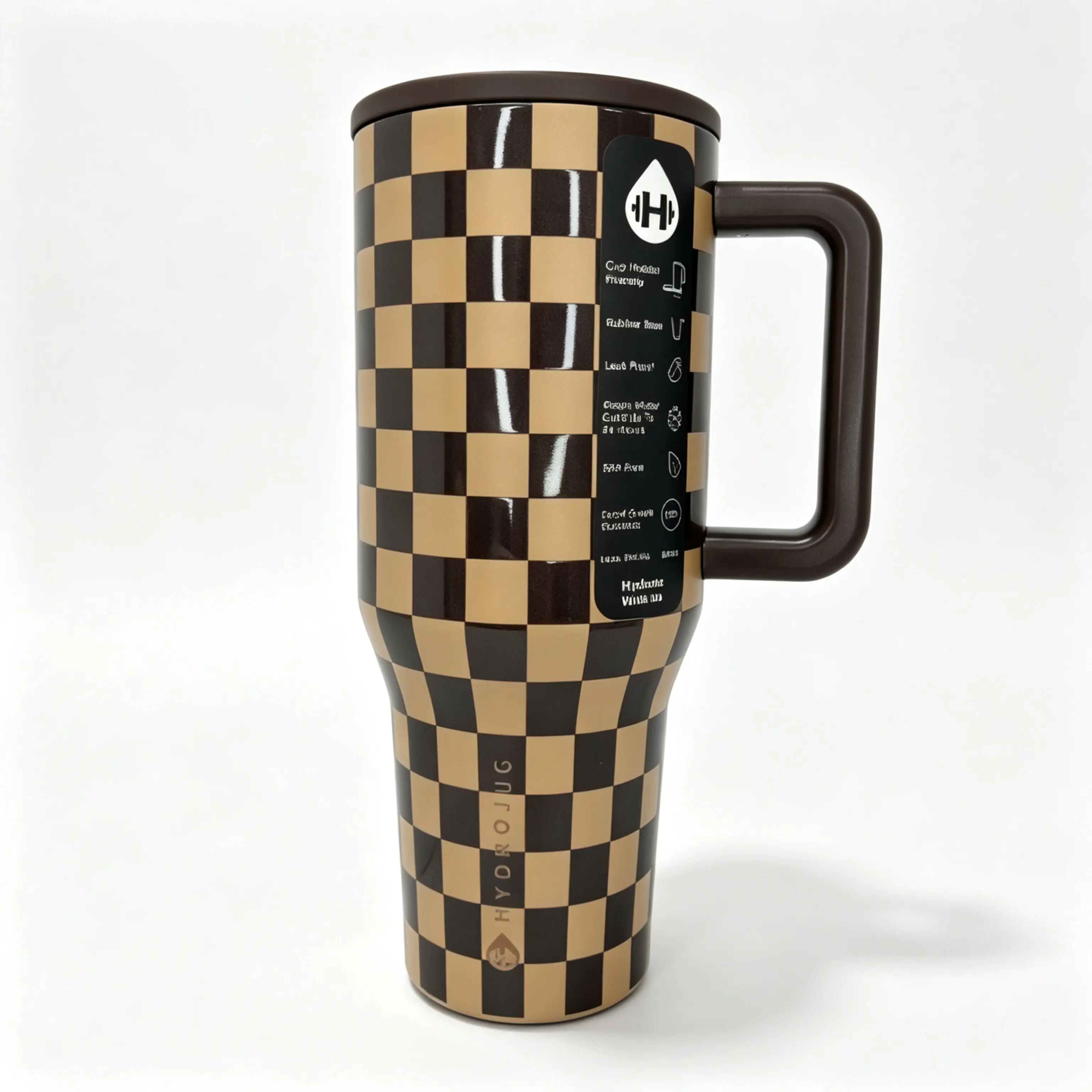 Checkered Print Hydrojug 40oz Insulated Tumbler with Handle | Car Cup Holder Friendly Stainless Steel Water Mug for Daily Commute & Outdoor Sports