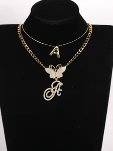 Hip Hop Charm Chubby Copper Letters Pendant Necklace Set, Butterfly Letter Design, Unisex Vintage Jewelry for Men & Women, Trendy Rap Style Bling Stylish Accessory