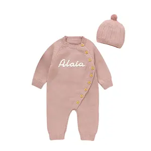 Mimixiong Handmade Embroidery Custom Baby Name Baby Romper Sweater Coat Newborns Soft Knitted Fabric Comfortable Fit Unique Baby Sweater Set Baby Hat