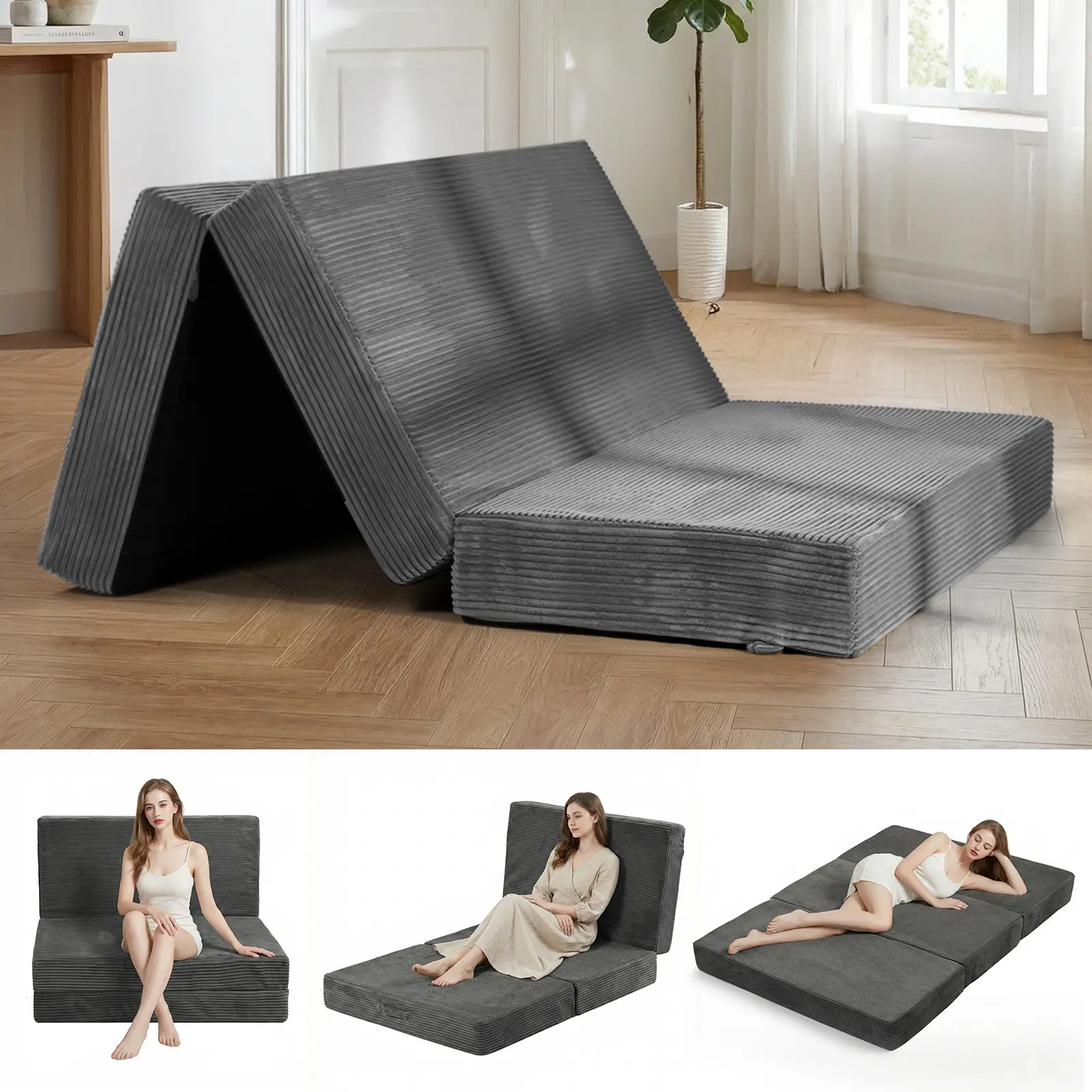Winzoo 6-Inch Tri-Fold Futon Mattress Foldable Sofa Bed with Removable Washable Corduroy Cover Soft Memory Foam Floor Lounger Multi-Use Ottoman, Foam Futon Sets, Multi-Purpose Futon Sets