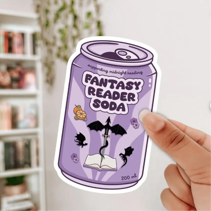 Fantasy Reader Soda Sticker - Purple Can Design Supporting Midnight Reading Drink Inspired Vinyl Sticker for Laptops & Water Bottles