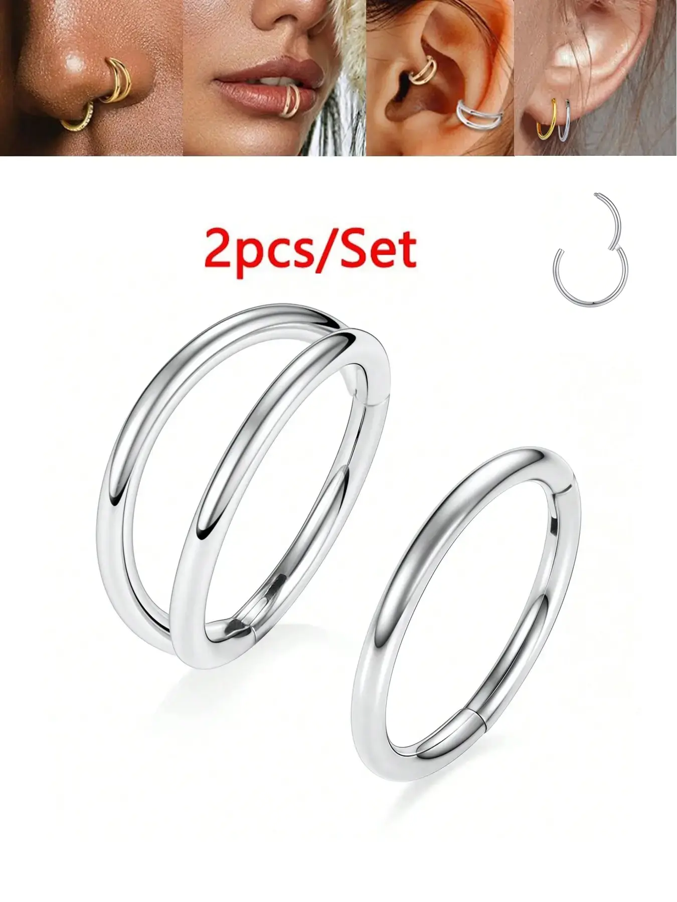 2 Pcs Nose Ring Hoops, Nosepiercings, Double Nose Ring Clicker Hinged Nose Ring Septum Ring, Hypoallergenic Nose Piercing Hoop, Surgical Steel Cartilage Tragus Daith Helix Conch Earrings, Body Piercing Jewelry for Women Men