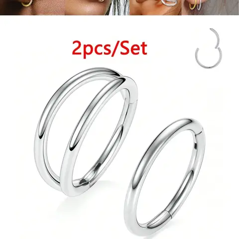 2 Pcs Nose Ring Hoops, Nosepiercings, Double Nose Ring Clicker Hinged Nose Ring Septum Ring, Hypoallergenic Nose Piercing Hoop, Surgical Steel Cartilage Tragus Daith Helix Conch Earrings, Body Piercing Jewelry for Women Men