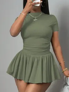 Women's Short Sleeve Dress Set, Chic Fitted Top and Fluffy Skirt Design, Perfect for Dates or Daily Outings