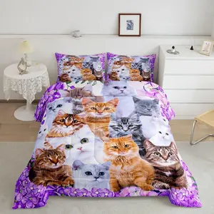 Cute Cartoon Cat Comforter Set,Pet Cats Luxury Bedding Set,Collage Kitten Kitty Bedding Comforter,Feline Animal Lovely Floral Purple Quilt Set