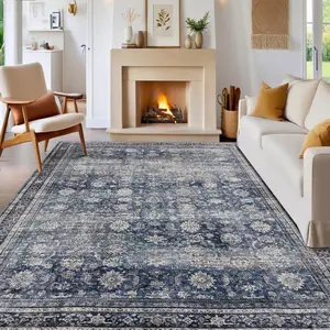【GARVEE】Area Rugs 8x10 Large Vintage Printed Accent with Non-Slip Backing, Stain-Resistant Oriental Living Room Washable Farmhouse Low Pile Rugs for Bedroom, Office, Blue