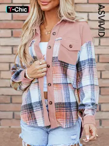 Women's Plaid Print Button Front Drop Shoulder Jacket, Casual Long Sleeve Collared Pocket Outerwear for Fall & Winter, Ladies Clothes for Daily Wear