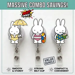 [Best Value Bundle] Summer Cute Miffy Badge Reel Combo - Cute Retractable ID Badge Holder - Durable Acrylic Name Tag Clip - Perfect Gift for Officer