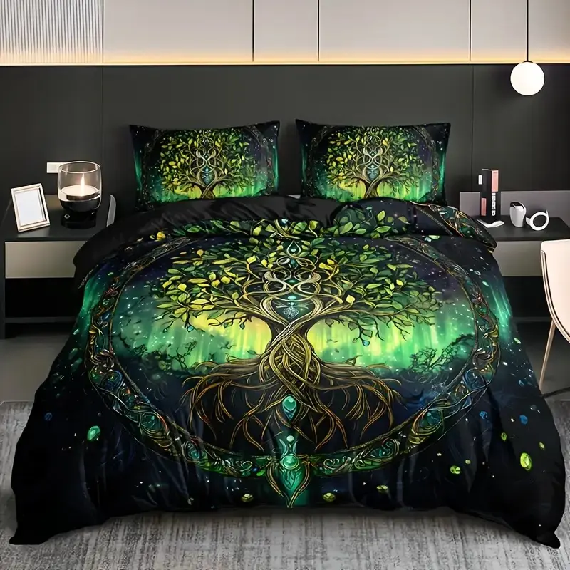 3-Piece Life Tree Print Decorative Duvet Cover Set, Printed Bedding Set, Soft Breathable Polyester Fabric, All-Season Use, Includes 1 Duvet + 2 Pillowcases