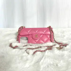 Pre-owned CHANEL Quilted Lambskin Phone Case Bag, Pink Gold Chain with Golden Ball, SKU: WWL 20633233