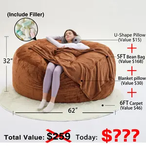 Beanbag Sofa Chair Include Filler(Give 3 Gifts:U-shape Pillow, Blanket Pillow, 6FT Carpet), Large Round Soft Fluffy Flannel Removable Machine Washable Beanbag Sofa, 50 Lb Memory Sponge Filled Living Room Bedroom Gamingroom Sofa Bed Relaxation