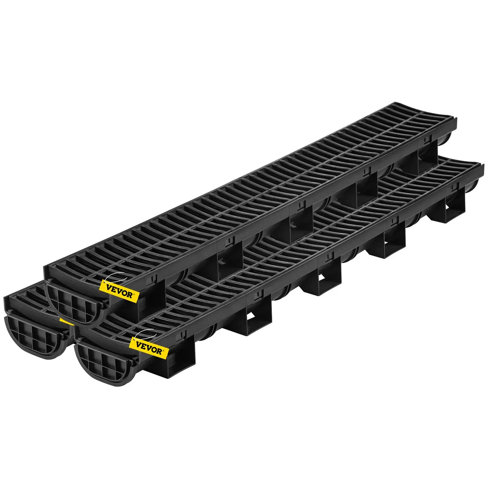 【toolupgrade】VEVOR Commercial Low Profile Trench Drain System (3-Pack) - 5.7x3.1-Inch HDPE Channel Drain with 3x39-Inch Black Plastic Grate, 3 End Caps, Built-In Outlets for Outdoor Garden Driveway Garage Floor Water Drainage Systems, Kit Set