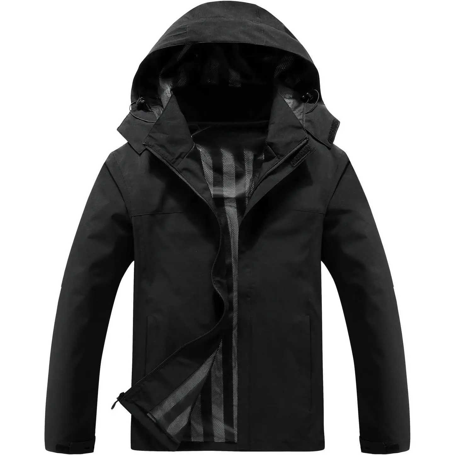 Men's Lightweight Waterproof Hooded Rain Jacket - Menswear Shell with Breathable Mesh, Pocket, Adjustable Hem for Hiking, Travel, Tops, Raincoat