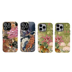 [No magnetic]  Vintage Dragon Tiger Phone Case,Lily Floral Print Aesthetic Dual-Layer design durable phone Cover,for iPhone 17 16 15 14 13 12 11 8 7 for Samsung Series,Shockproof Protective hard Cover,perfect gift for her