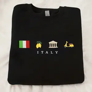 Italy Embroidered Sweatshirt – Cozy Black Crewneck with Flag, Vespa, Lemon & Dolce Vita Icons, Summer Travel Gift