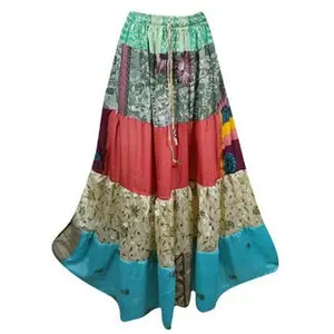 Womens Flared Skirt Green Floral Maxi Skirt Patchwork Boho Skirts S/M