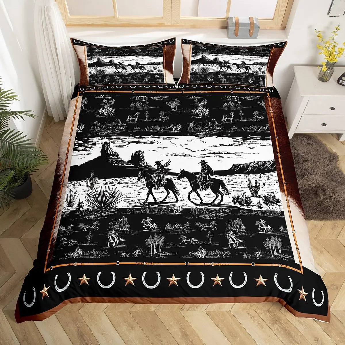 Feelyou Breathable Bedding Set - Black and White Western Cowboy Horse Duvet Cover, Retro American Quilt, Rustic Country Wild West Home Decor (No Comforter Included), Bedding Sets