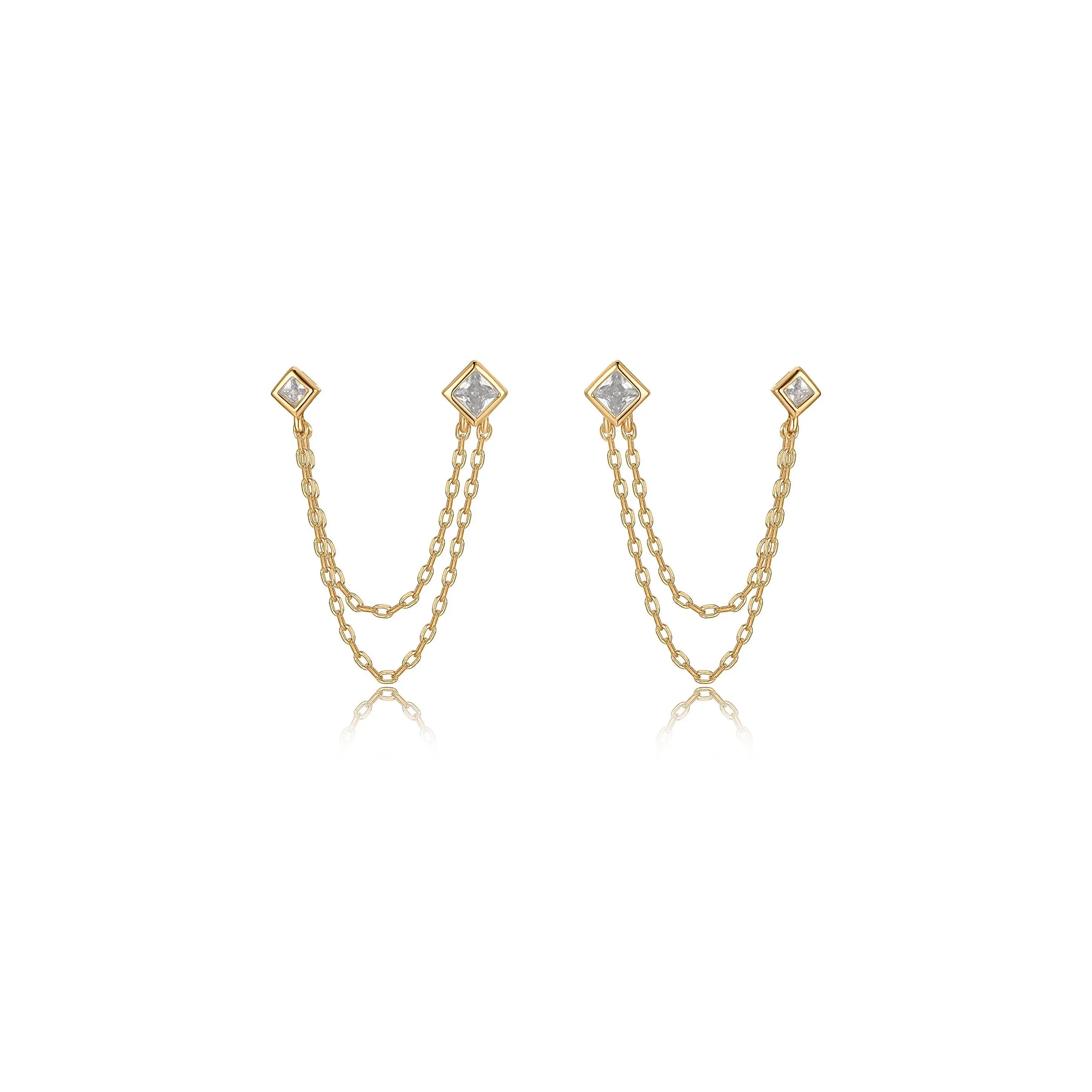 Ettika Double Piercing Diamond Shape Earrings Zirconia Rhinestone 18kt Gold Plated Brass Elegant Sparkle for Adults