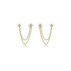 Ettika Double Piercing Diamond Shape Earrings Zirconia Rhinestone 18kt Gold Plated Brass Elegant Sparkle for Adults