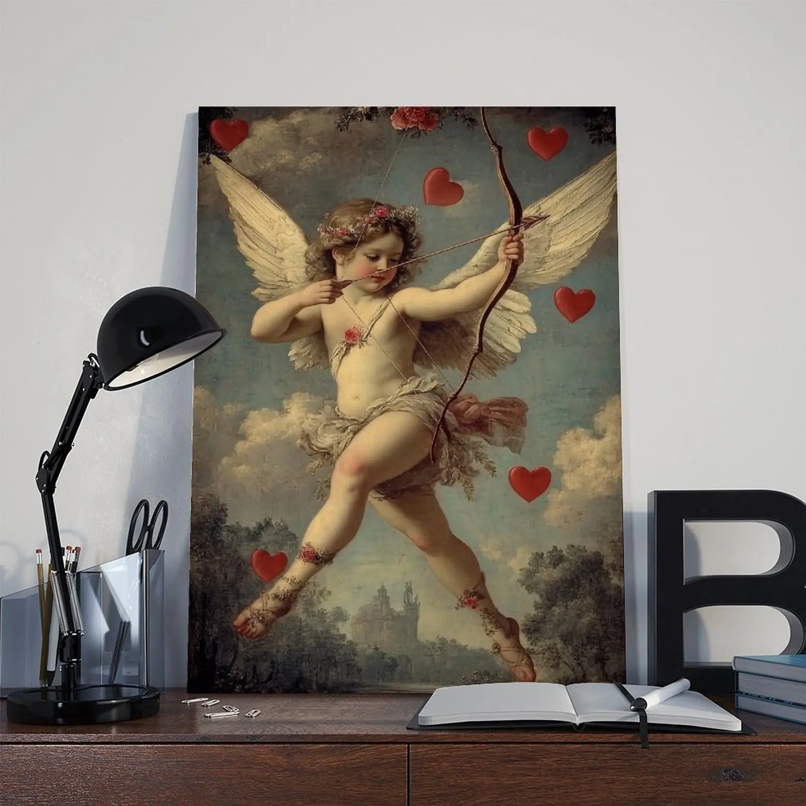 1-Piece Vintage Romantic Cupid & Heart Wooden Frame Canvas Print, Artistic Beige-Brown Soft Background Hanging Ready Wall Decor, Decorative Living Room Valentine's Day Home Supply, Valentines Day