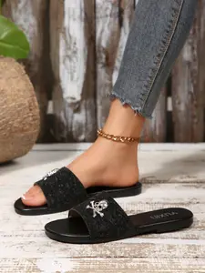 Women's Round Toe Flat Glitter Decorated Sandals, Skull Head Decoration, Fashionable and Comfortable, Summer Fashion Item, Stylish Footwear for Women