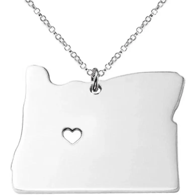 Stainless Steel I Love Oregon Necklace, Beaver State Heart Map Pendant (Silver)