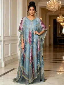 Elegant Long Kaftan Dress for Women, Luxurious Patchwork Sequin Design, Breathable Double Layer, Formal Evening Gown, Comfortable and Stylish
