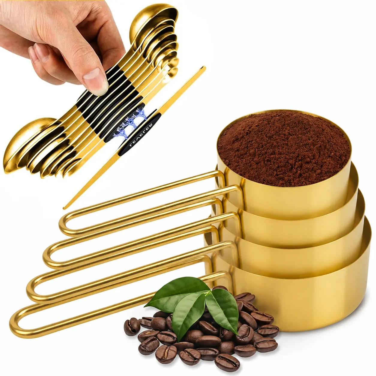 Noble Gold-Plated 4-Cup Accurate Measuring Cups and Spoons Set - Magnetic Spoon, Sturdy Stainless Steel Glass Liquid Measuring Utensil (0-500ml), Stackable Kitchen Baking/Cooking Essential for Cake Making
