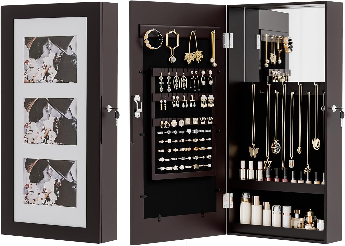 Jewelry Armoire with Photo Frame, Inner Mirror, 23.62 x 11.81 x 3.55 inch, Key Storage Cabinet, Lockable Design, Wall Mount