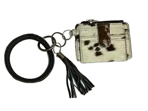 Western Style Cowhide Bangle Keychain Wallet - Genuine Leather Card Holder with 8 Slots & Snap Closure - Elegant & Functional Wristlet for Women