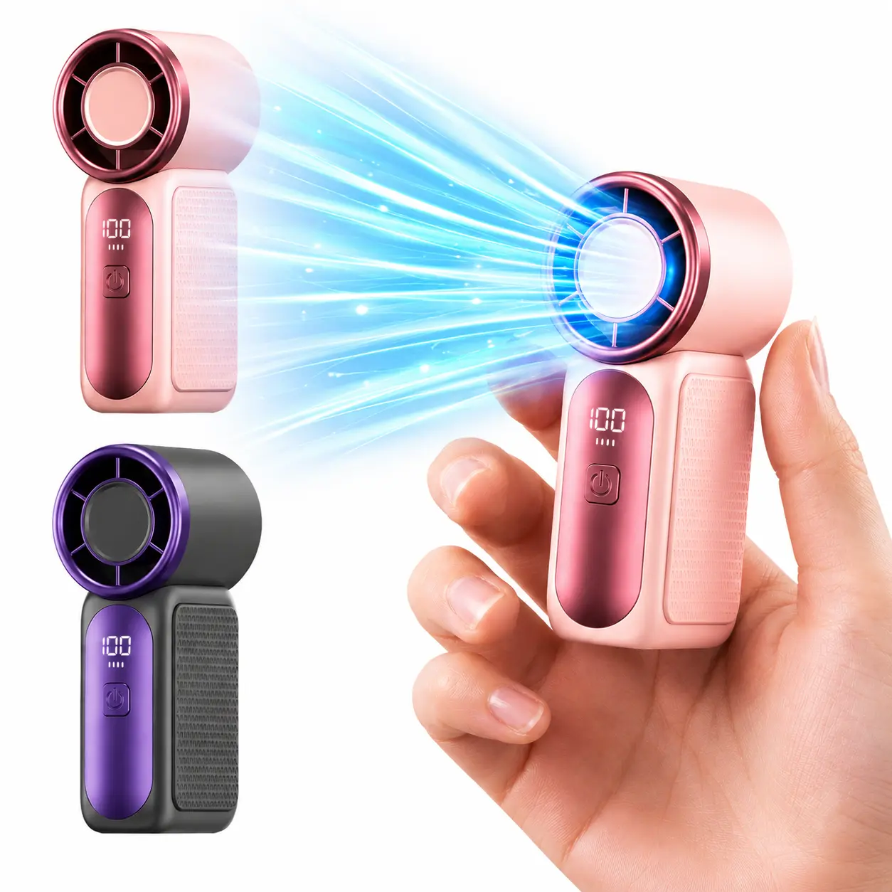 Motorenbau Mini Handheld Fan with LED Display, 6-Speed Turbo, USB-Rechargeable Portable Fan with Built-In Cells, Compact Form Pocket-Sized Mini Travel Product for Outdoor Use, Ideal Gift for Women