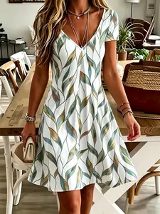 Women’s Bohemian leaf print V-neck short-sleeve dress, loose and comfortable flowy short beach dress, soft stretchy summer cover-up dress