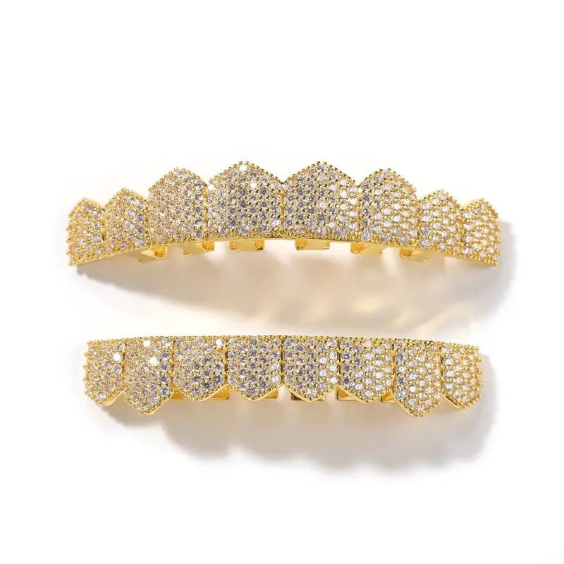 Hip Hop Micro-Paved Zircon Grillz, Gold Silver Top and Bottom Teeth Set, Bling Punk Costume Jewelry Accessory for Men & Women, Teeth Accessory, New Arrival, Rhinestones, Cubic Zirconia, Gold-Silver Bling, Dental Accessory, Hip Hop Punk