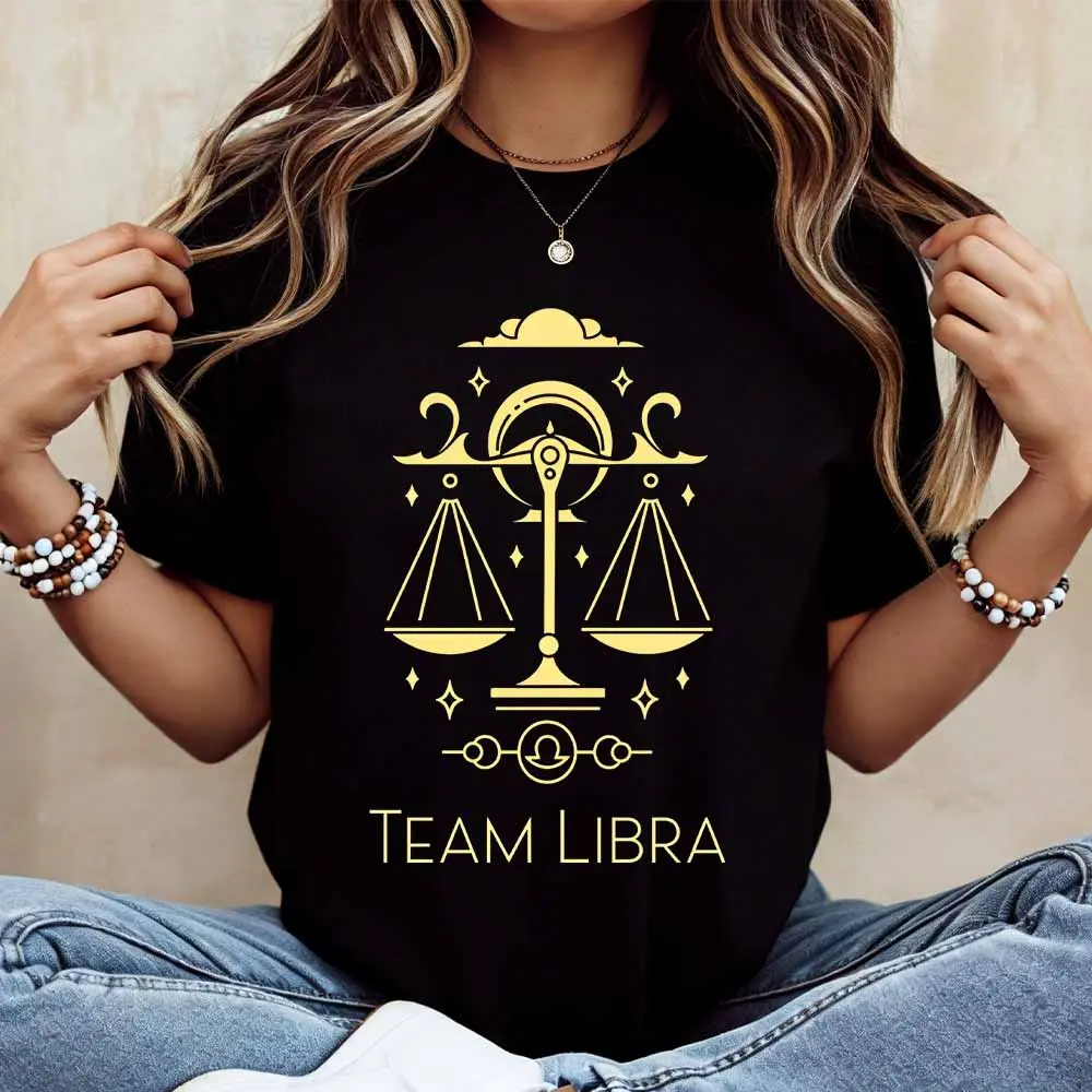 Libra Zodiac Symbol And Team Libra Print T Shirt White Casual Short Sleeve Top For Everyday Wear And Leisure Activities