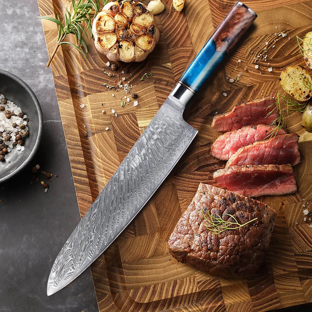 FINDKING 9.5 Inch Gyuto Chef Knife, Japanese Style Knife, AUS-10 Damascus Steel, Razor-Sharp Blade, Luxury Blue Resin Sapele Wood Handle, Professional Kitchen Knives, Chopping Cutting Slicing Dicing for Fish Meat Vegetable Fruit