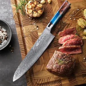 FINDKING 9.5 Inch Gyuto Chef Knife, Japanese Style Knife, AUS-10 Damascus Steel, Razor-Sharp Blade, Luxury Blue Resin Sapele Wood Handle, Professional Kitchen Knives, Chopping Cutting Slicing Dicing for Fish Meat Vegetable Fruit