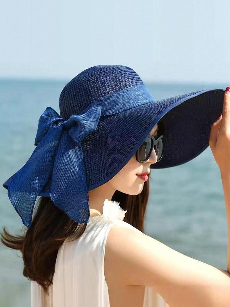 2025 New Extra Wide Brim Straw Hat, Women's Sun Protection Beach Hat, Summer Foldable Casual Elegant Polyester Bowknot Decor Hat, Suitable For Beach, Street, Spring/Summer