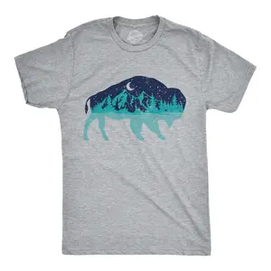 Mens Nature Bison T Shirt Funny Cool Outdoor Lovers Buffalo Tee for Guys Mens Funny T Shirts Cool Vintage Fashion T-Shirt Gift Classic Menswear Funny Camping Short Sleeve Novelty Tees for Guys Light Grey
