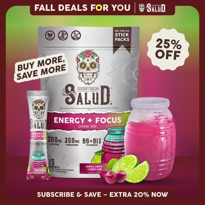 Salud 2-in-1 [Energy + Focus - Cherry Lime] Clean Energy Drink Mix, Agua Fresca, Organic Caffeine, B6 & B12, L-Theanine, Drink Packets, Non-GMO, Gluten Free, Vegan, Low Calorie, 1g Sugar (15 Servings)