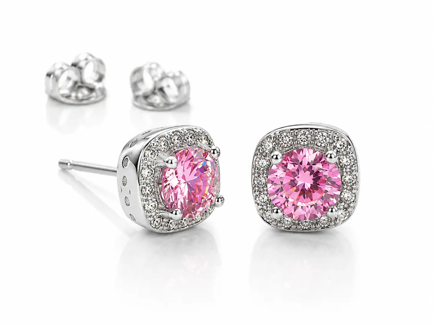 Women's Elegant Pillow-Shaped Bling Artificial Moissanite Stud Earrings - Pink, Silver-Plated, Combined Setting, Hypoallergenic, Butterfly Ear Stoppers, Everyday Sparkle Gift for All Ages (Birthdays, Daily Wear)
