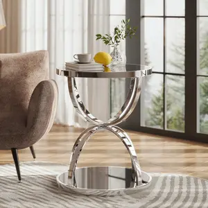 19.69" Round Glass Side Table, 2-Tier Tempered Glass, Ring-Shaped Metal Frame (Silver/Gold Legs), for Living Room, Bedroom, Office, Easy Assembly