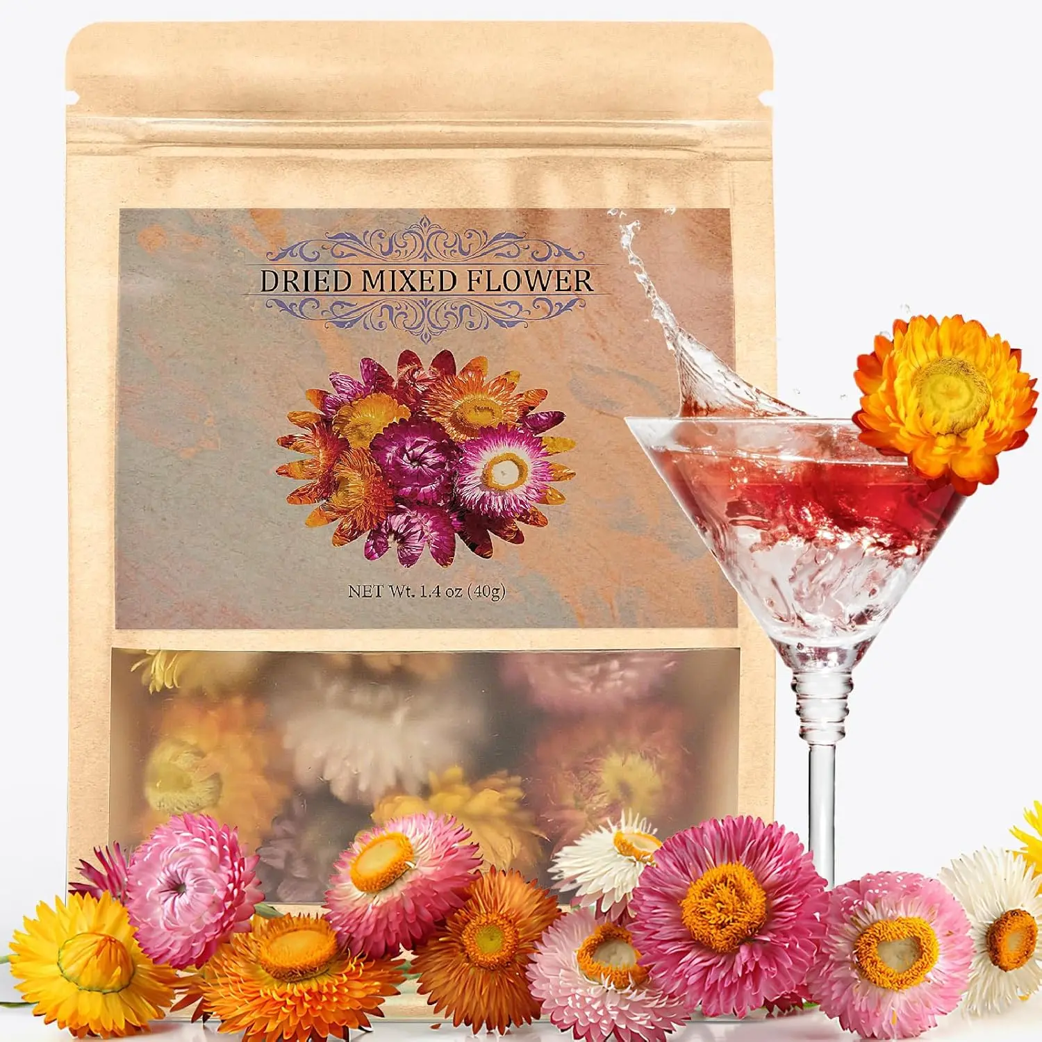 Food Grade Dried Flower Pouch - 2-5cm Mixed Size, 50+ Vibrant Rustic 100% Natural Strawflower Blend, Baking Supplies for Cake Decorations, Cocktail Toppers, Flowers