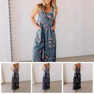 Summer 2025 European and American fashion denim printed casual jumpsuit sleeveless suspender pants women's green workwear women's suspender pants