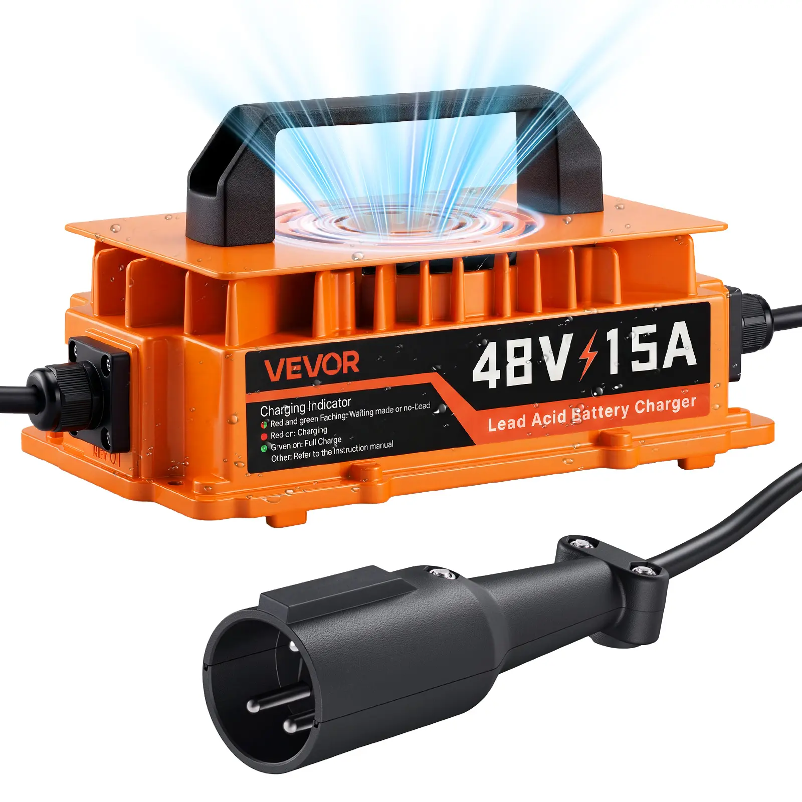 VEVOR Golf Cart Battery Charger 48V 15A Club Car Charger 3-Pin Round Plug, Only for Lead Acid Battery, Aluminum Alloy Shell, Trickle Charging, LED Indicator Light, with Cooling Fan, IP67 Waterproof