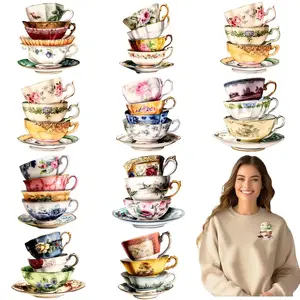 Retro Teacup Pattern DIY Transfer Sticker, Crafts, 12pcs/set Washable Heat Transfer Design, Non-ironing Decal for T-shirt, Mask, Jeans, Backpack