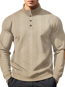 Men's Heavyweight Jacquard Knit Pullover Sweater, Button Front Stand Collar, Elbow Patch Design, Fall & Winter Casual Wear