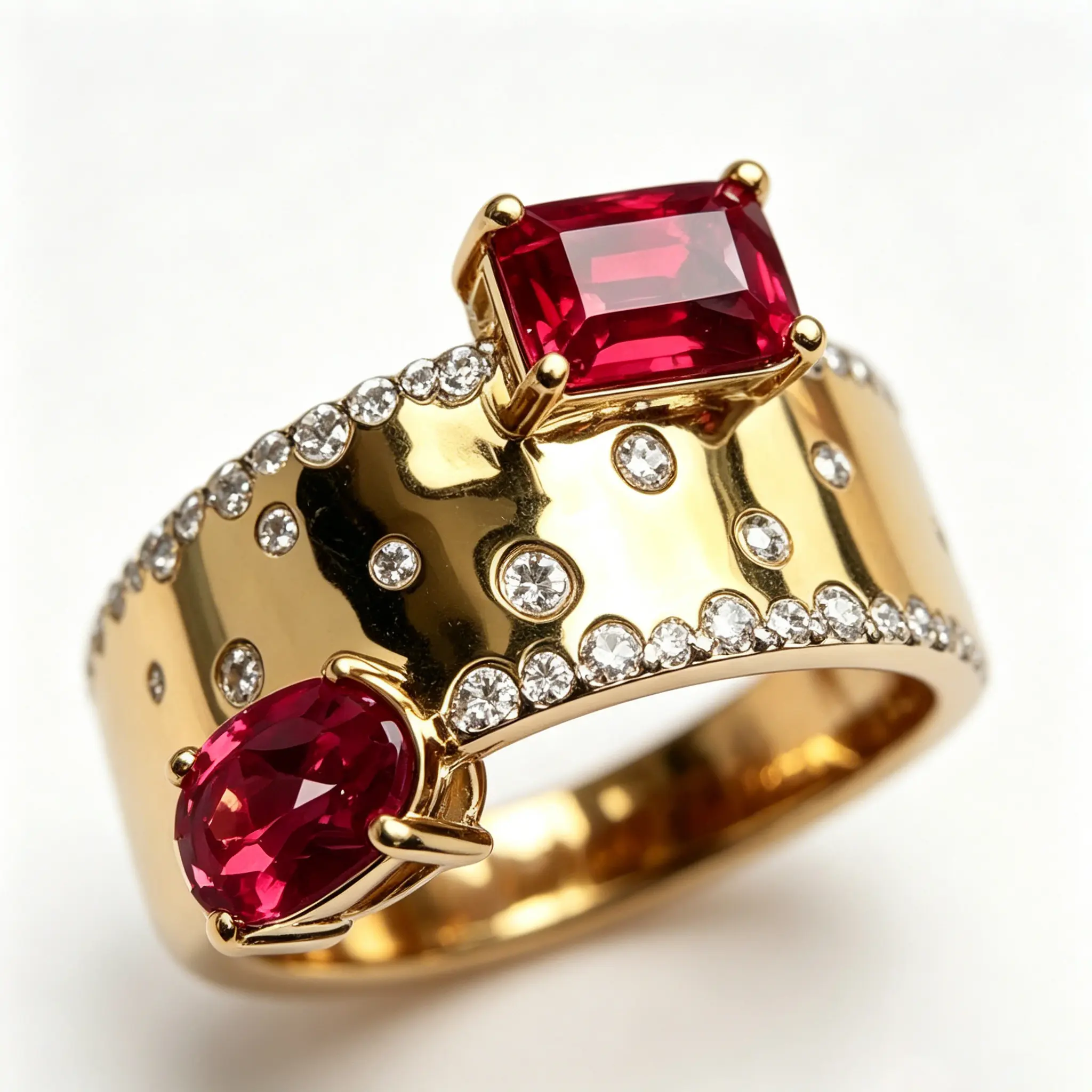 Bohemian Vintage Wide-Band Synthetic Zircon Ring,Heart & Rectangle Two Stone Ruby Color Synthetic CZ Chunky Statement Cocktail Ring, Vintage Boho Party Jewelry For Women