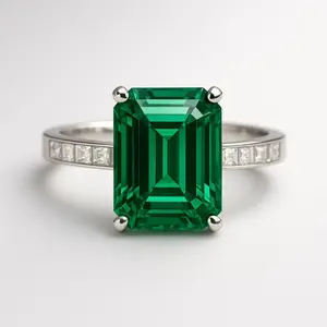 Emerald Cut Zambian Emerald Ring: Sterling Silver Paved Band