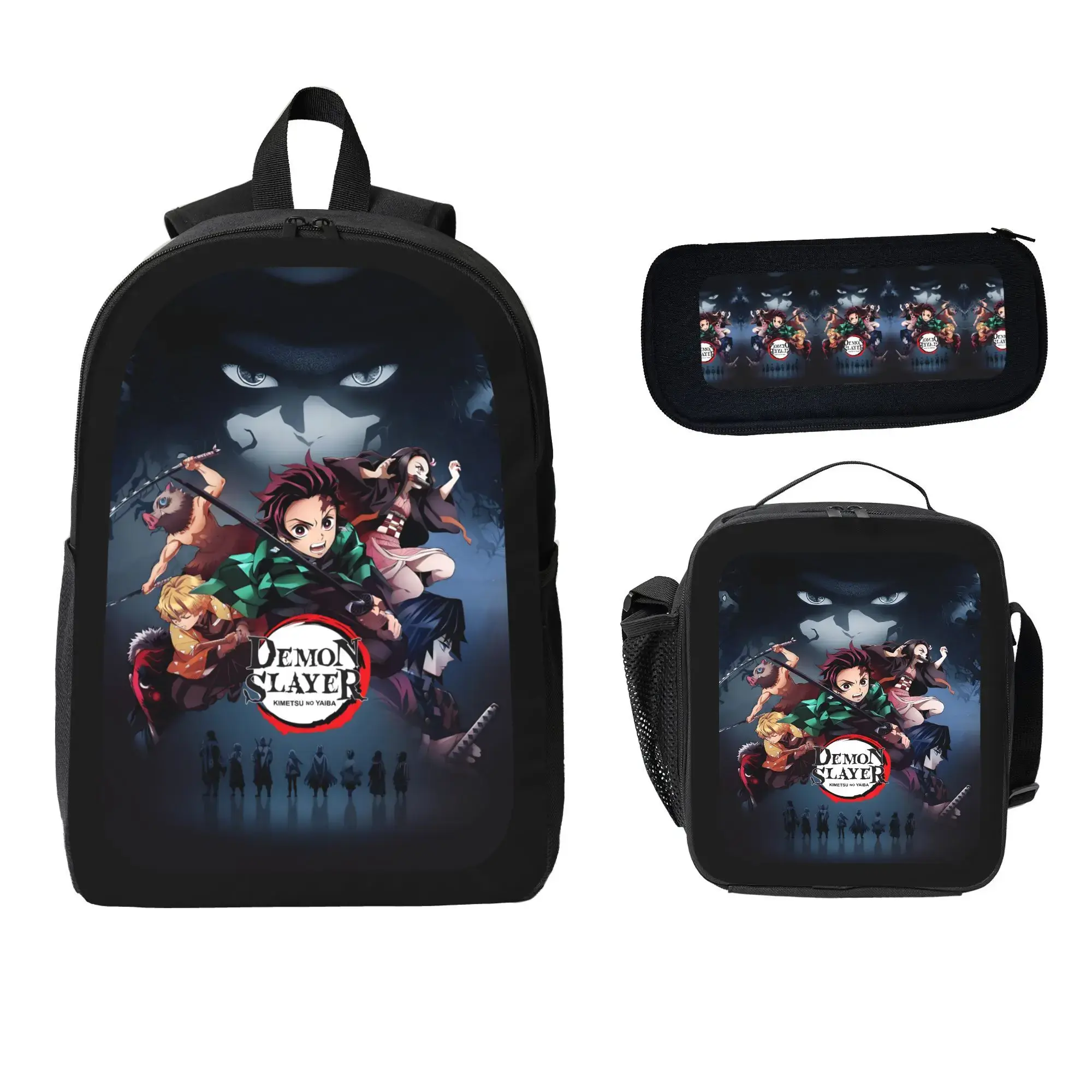 Demon Slayer Messenger Bookbag: 3-Pcs Anime Set  Work Tote Bag + Makeup Pouch - Water Hashira Design backpack set Cute Girls Backpack and Lunch Set